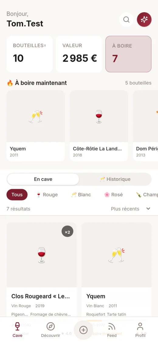 Écran de l’application Ma Cave : inventaire avec valeur totale et bouteilles à boire