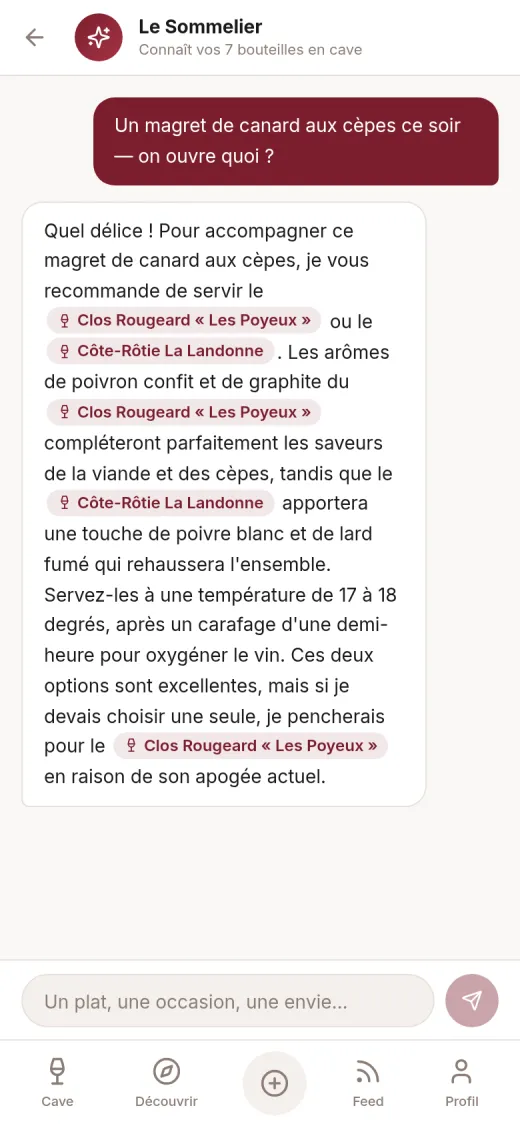 Conversation avec le Sommelier IA qui recommande un vin de la cave pour un magret aux cèpes