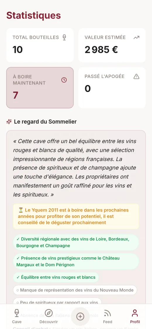 Écran statistiques de Ma Cave avec l’analyse « Le regard du Sommelier »